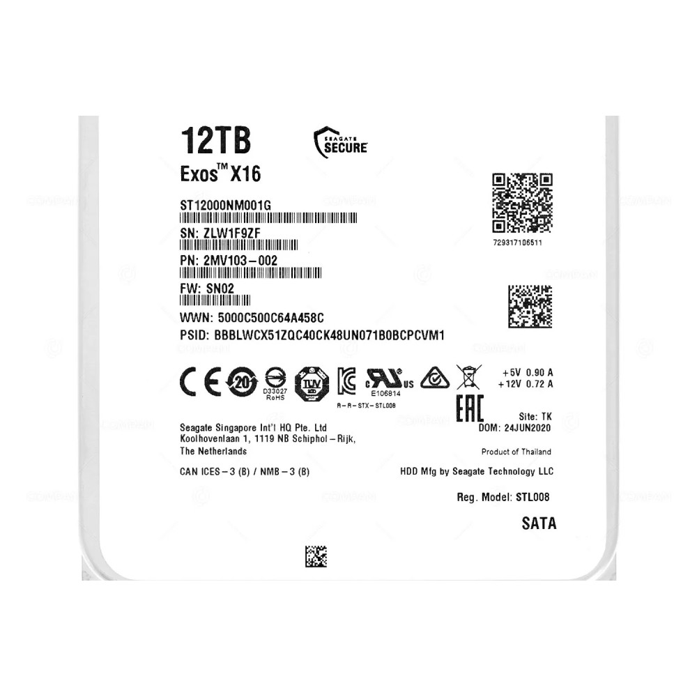 ST12000NM001G  SEAGATE EXOS X16 HDD 12TB 7.2K SATA 6G 256MB CACHE 3.5" LFF